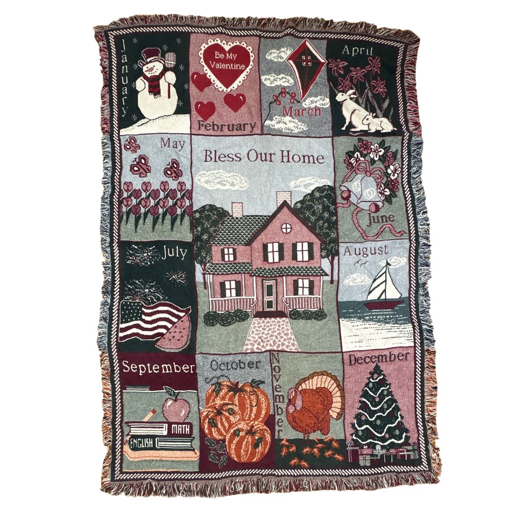 vintageラグ ブランケット マルチカバー タペストリー カントリー カレンダー 季節 Rug Blanket Calendar 3863
