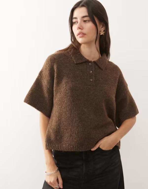 コルージョン レディース トップス ポロシャツ ニット COLLUSION knit short sleeve polo shirt in chocolate チョコレート