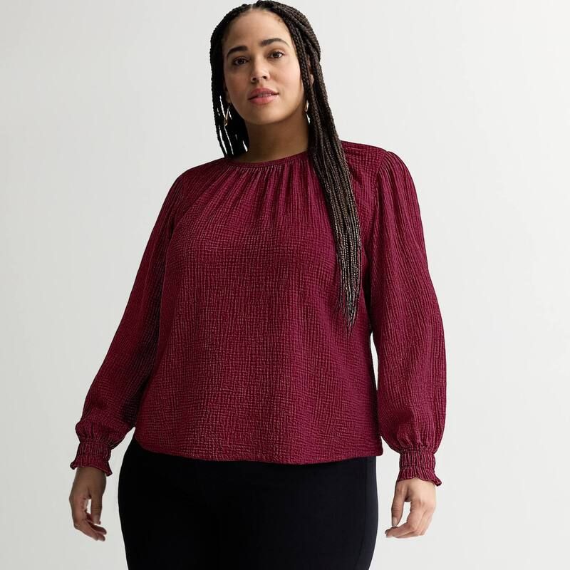 ナインウェスト レディース トップス シャツ プラスサイズ ブラウス Plusize Nine West Long Sleeve Shirred Blouse Maddie Plum プラム