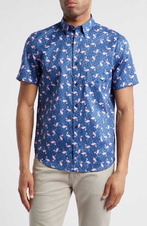 ジョンストンアンドマーフィー メンズ トップス シャツ プリント Johnston Murphy Flamingo Print Short Sleeve Button Up Shirt Navy Pi 23,616円