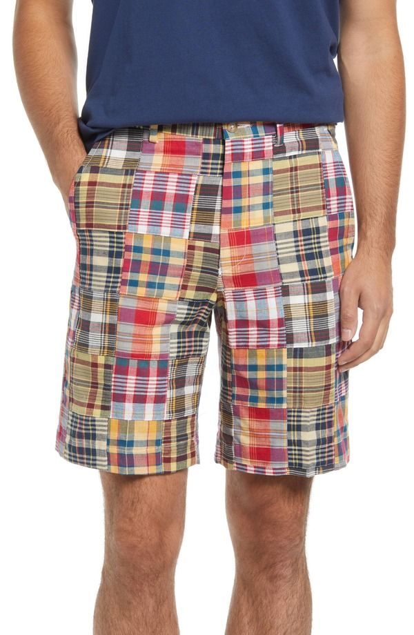 ベール メンズ ボトムス ハーフパンツ・ショーツ パッチワーク ショートパンツ Berle Patchwork Madras Flat Front Shorts Yellow イエロー