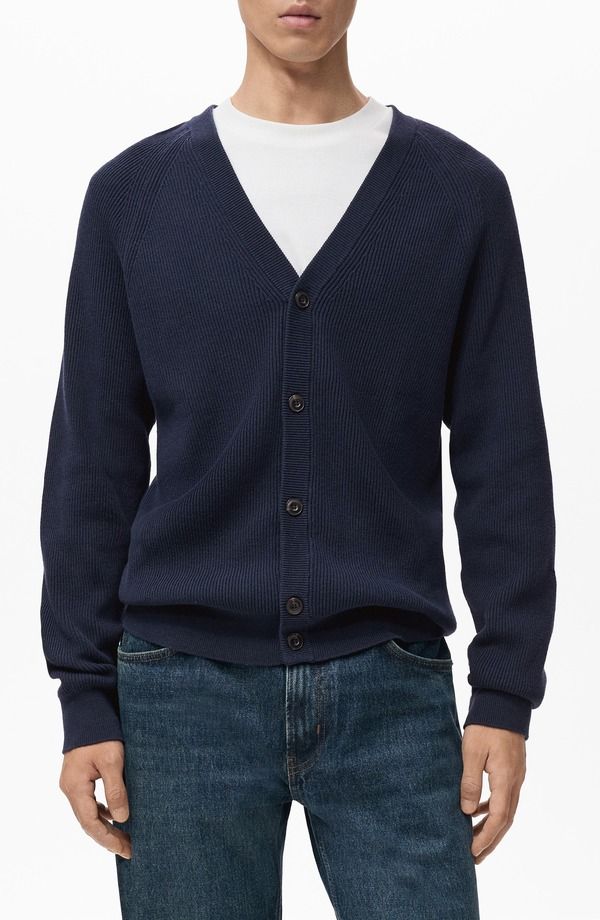 マンゴ メンズ アウター パーカー・スウェット リブ コットン カーディガン MANGO Ribbed Cotton Blend Cardiganavy ネイビー