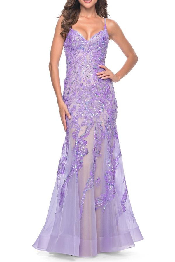 ラフェム レディース トップス ワンピースパンコール La Femmermaid Sequin and Beaded Embellished Prom Dress in Pastels Lavende