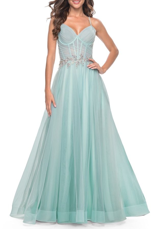 ラフェム レディース トップス ワンピース A ライン ギャザー La Femme ALine Prom Gown with Ruched Bodice and Rhinestone Belt Det