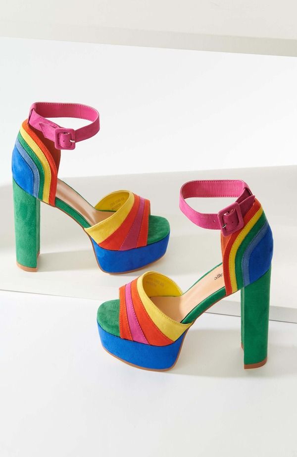 ユニークビンテージ レディース シューズ ヒール プラットフォーム Unique Vintage Peep Toe Platform Heels Rainbow Stripes ストライプ