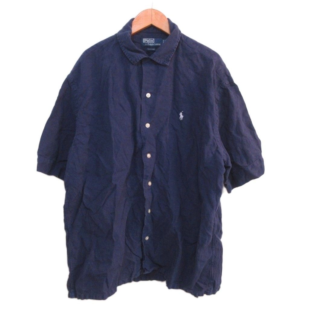 ポロ バイ ラルフローレン Polo by Ralph Lauren 現行 QRタグ BIG SHIRT リネン シャツ 半袖 ポニー S 紺 ネイビー IBO102