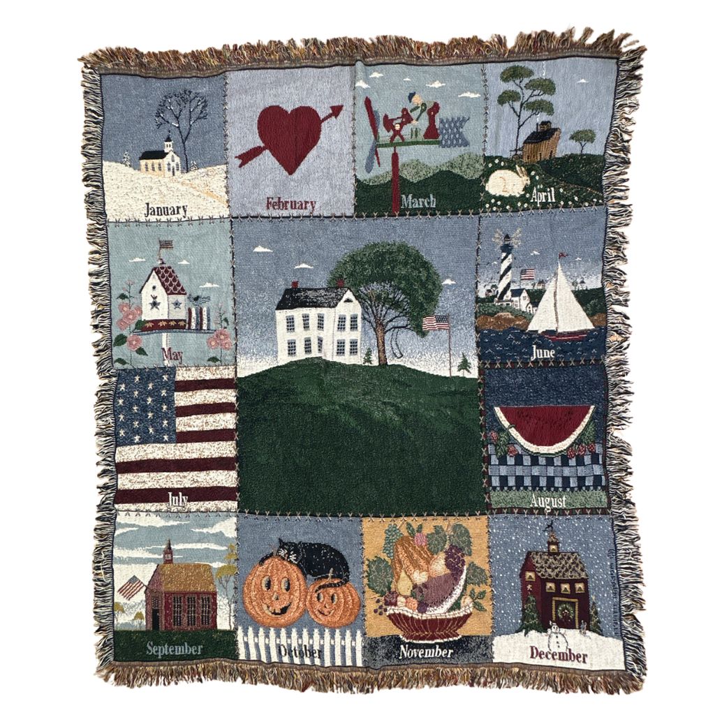 vintageラグ ブランケット マルチカバー タペストリー カントリー カレンダー 季節 Rug Blanket Calendar 3721