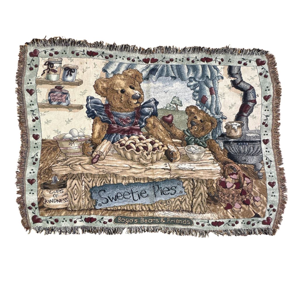 vintageラグ ブランケット マルチカバー タペストリー USA製 ボイズベア テディベア 料理 Rug Blanket Boyds Bear 3076