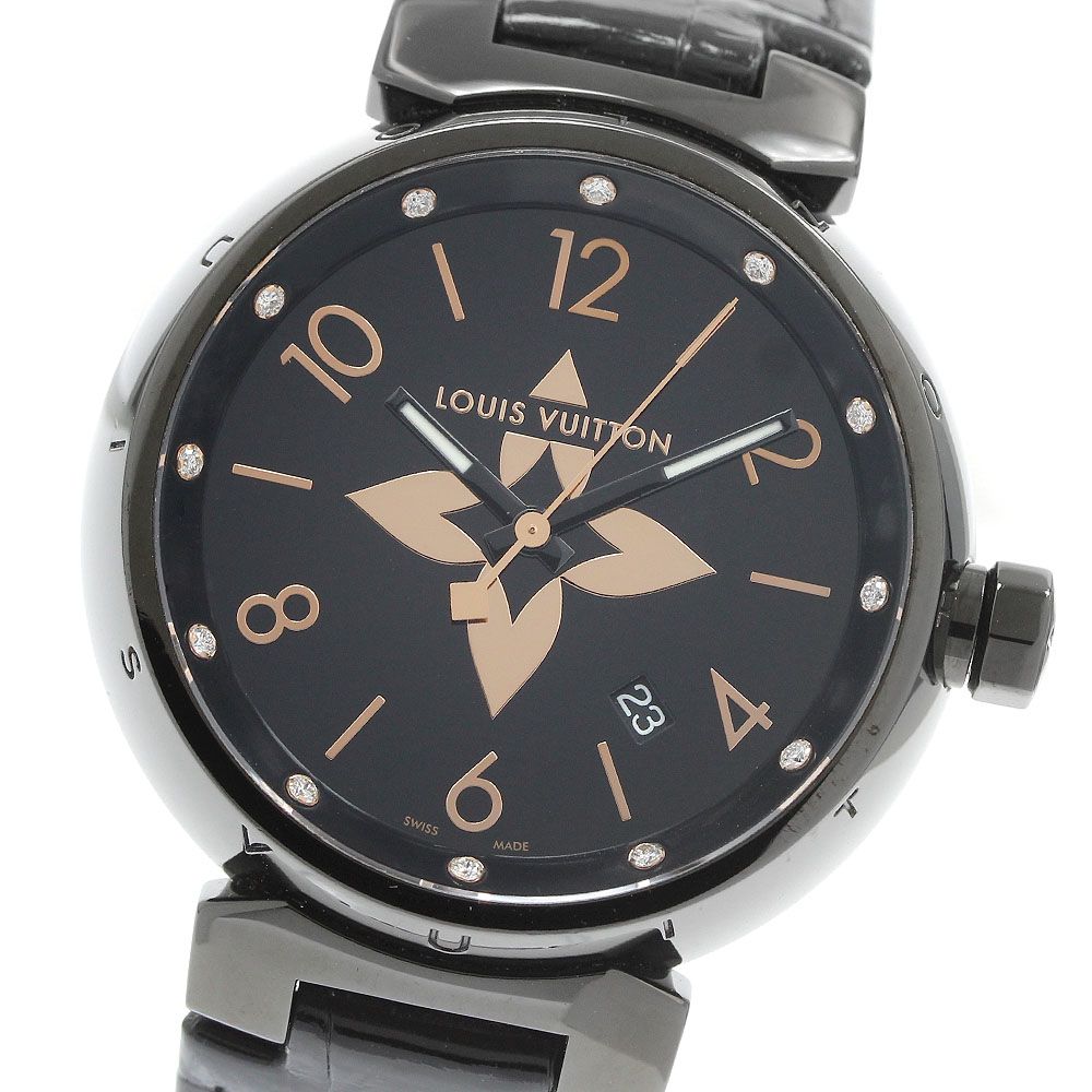 ルイ・ヴィトン LOUIS VUITTON QA049 タンブール オールブラック GM 12Pダイヤ デイト クォーツ メンズ 良品 _962176