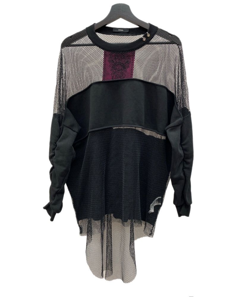 ディーゼル DIESEL 19SS F-SANDY-C メッシュ スウェット 切替 トップス 異素材 タグ Y2K パンク サブカル モード ブルガリア製 BLACK 黒 スウェット ロゴ ブラック XXS 104LT-590
