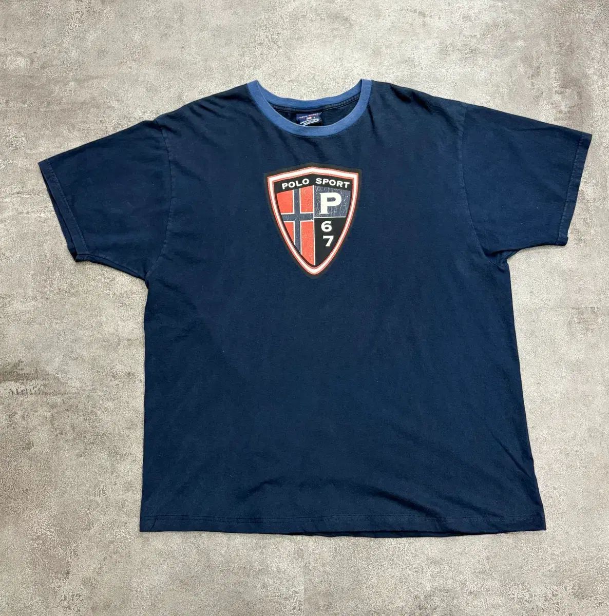 90s ポロスポーツ ラルフローレン P67 シールド ロゴ リンガー 半袖Tシャツ ネイビー