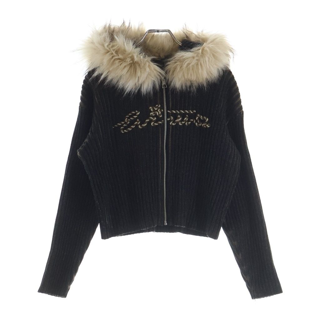 EVISU (エビス) ロゴロープ刺繍 ファー付きジップアップニットジャケット ブラウン 2EAHTW5CN4060XXCT レディース