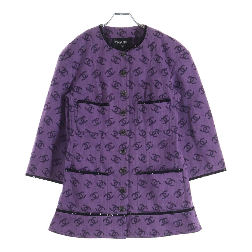 CHANEL (シャネル) ココマークノーカラージャケット パープル×ブラック コットン #36 P72568V64160