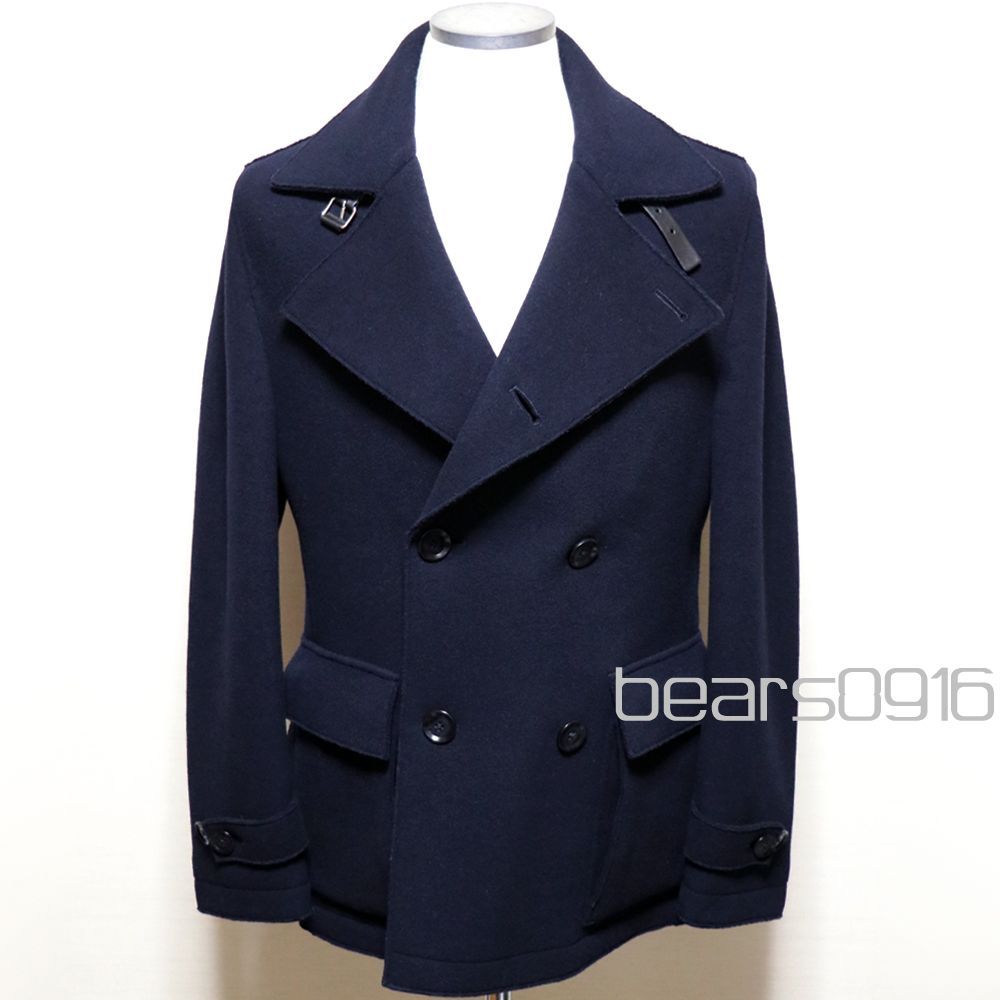 【ヒューゴボス】極美品 ピーコート ジャケット メンズ 50 L XL 相当 濃紺 ネイビー レギュラーフィット ダブルブレスト HUGO BOSS レザーチンストラップ メタルプレートロゴ 中綿キルティング ウール混紡 31,850円
