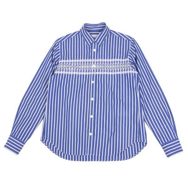 サカイsacai コットンフロント刺繍デザインストライプ長袖シャツ 青白1