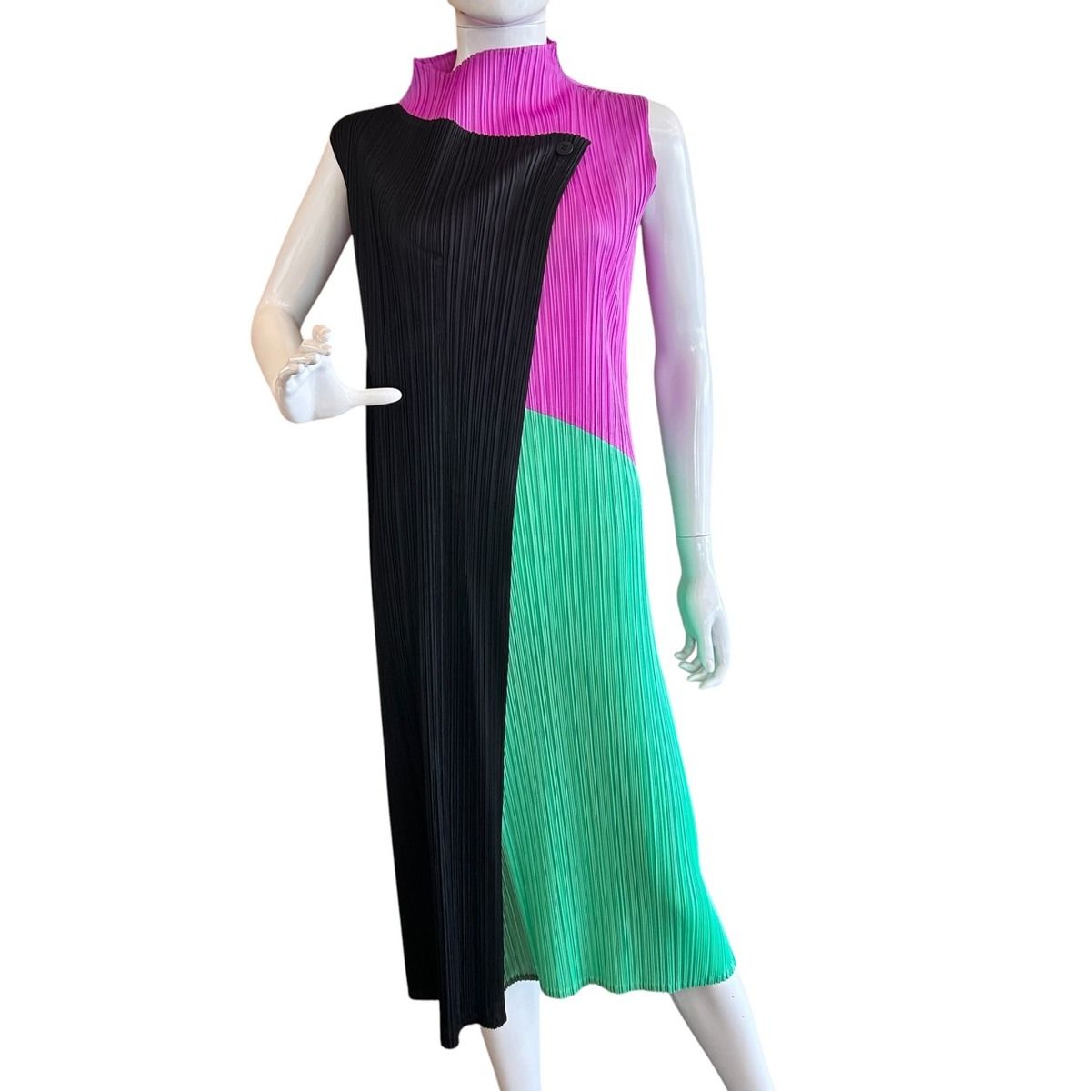 ISSEY MIYAKE イッセイミヤケ PLEATS PLEASE プリーツプリーズ ノースリーブ ボトルネック ブロック ワンピース 2サイズ 21SS PP11-JH153 レディース ポリエステル パープル ブラック グリーン 中古