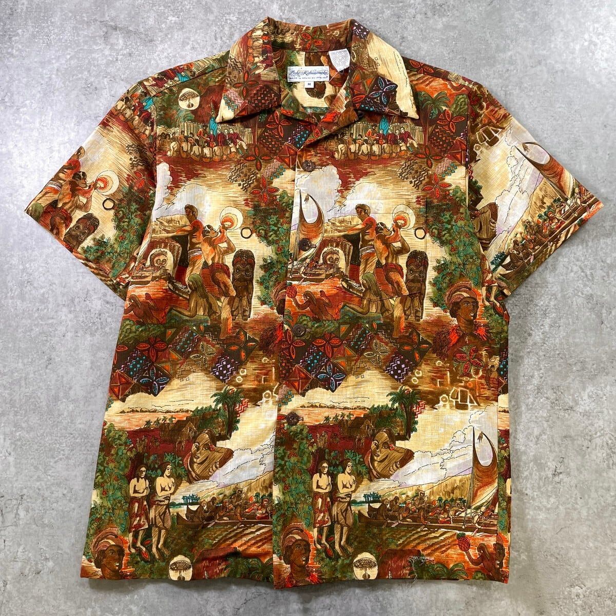 美品 60-70年代頃 Duke Kahanamoku デューク・カハナモク 総柄 半袖 アロハシャツ メンズM MADE IN HAWAII BY CATALINA ハワイアンシャツ オープンカラー 開襟 60s 70s 古着 ブラウン