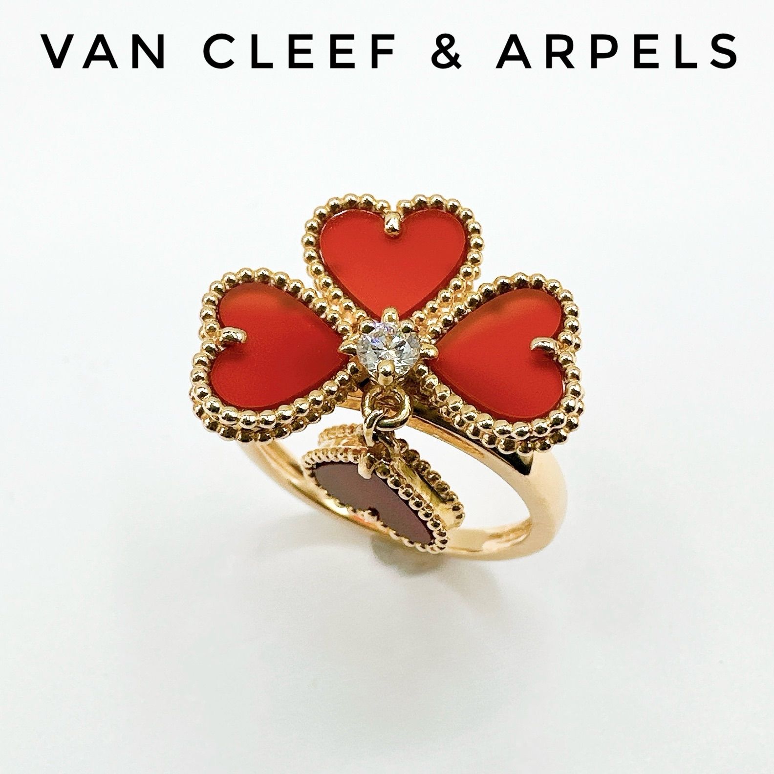 美品?Van Cleef & Arpels スウィートアルハンブラ エフイヤージュ カーネリアン ダイヤモンド イエローゴールド リング 51 約11号 Y