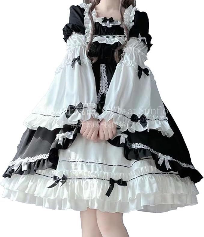 再入荷 【特価】人気商品★レディース 姫袖 ワンピース レースアップ ロリータ アームカバー 取り外し可能 かわいい フリル リボン 地雷系 量産系 量産