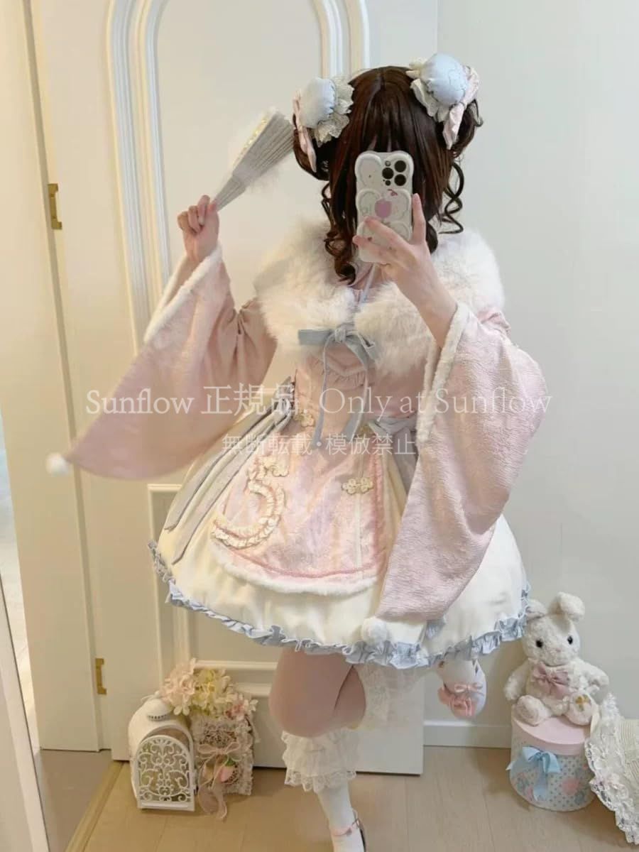 再入荷 【特価】人気商品★ワンピース 中華風 冬 レディース ケープ チャイナボタン もこもこ 中華服 振袖 夢かわいい リボン フリル 刺繍 ロリータ ゴ