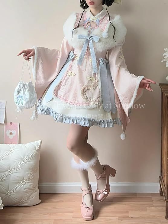 再入荷 【特価】人気商品★ワンピース 中華風 冬 レディース ケープ チャイナボタン もこもこ 中華服 振袖 夢かわいい リボン フリル 刺繍 ロリータ ゴ