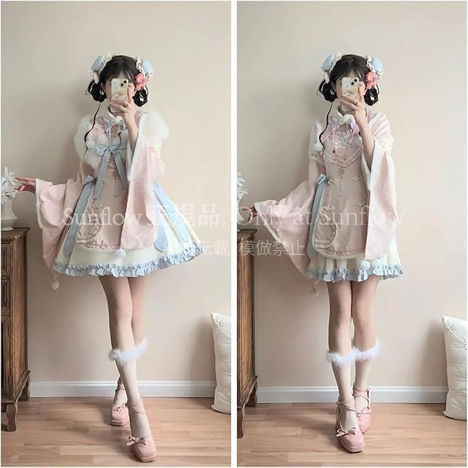 再入荷 【特価】人気商品★ワンピース 中華風 冬 レディース ケープ チャイナボタン もこもこ 中華服 振袖 夢かわいい リボン フリル 刺繍 ロリータ ゴ