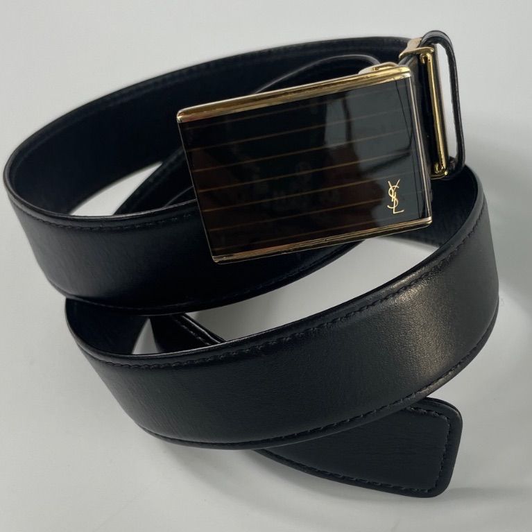 ○Yves Saint Laurent/イヴ・サンローラン、ブラックレザーベルト、ゴールド金具　X76