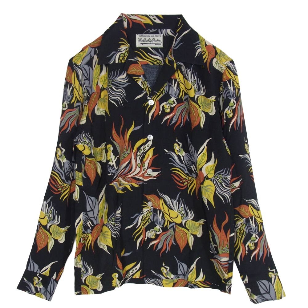 WACKO MARIA ワコマリア HAWAIIAN SHIRT L/S フラガールプリント オープンカラー 長袖 ハワイアンシャツ アロハシャツ ブラック系 S【美品】【中古】 10,872円