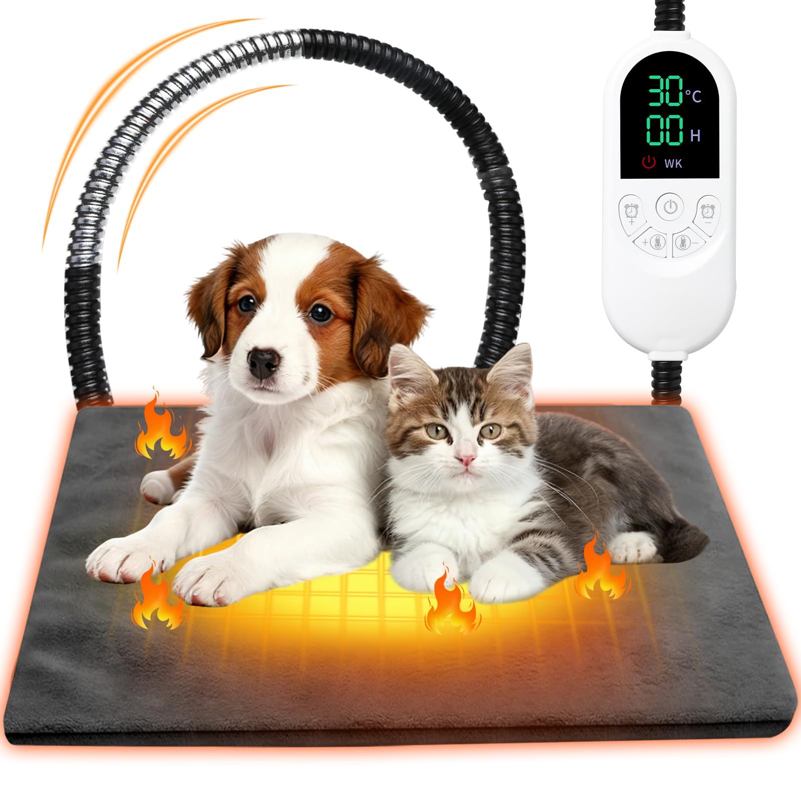 ペット用ホットカーペット 24時間タイマー 30-60℃段階温度調節 犬 猫 小動物用ぺットヒーターマット 噛みつき防止保護管付き電気ホットマット ペット加熱パッド 暖房器具 過熱保護 防水難燃 洗濯可能 (M(45*70cm))t 14da2020