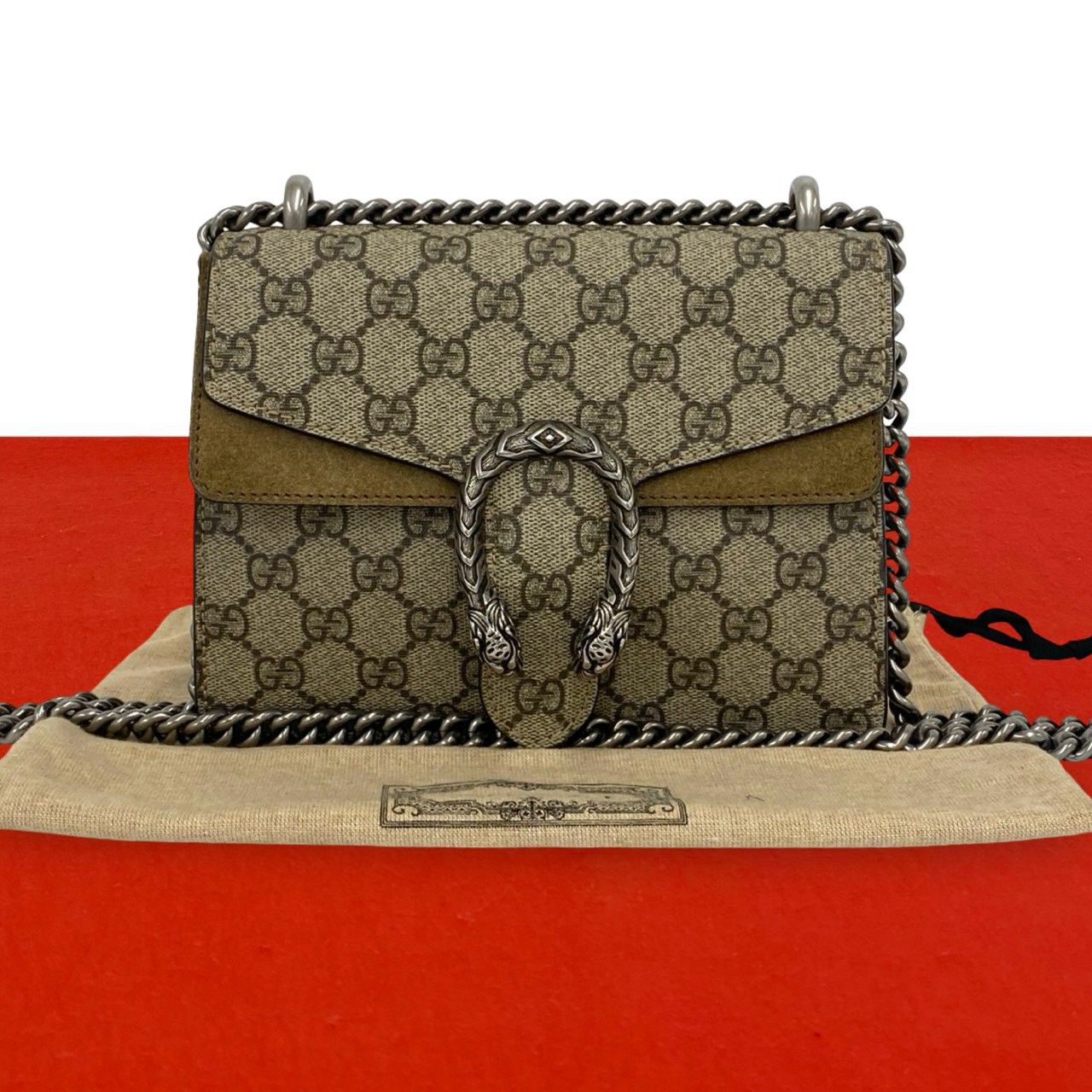 極 美品 保存袋付き GUCCI グッチ ディオニュソス GGスプリーム スエード レザー チェーン ショルダーバッグ ポシェット ブラウン 58303