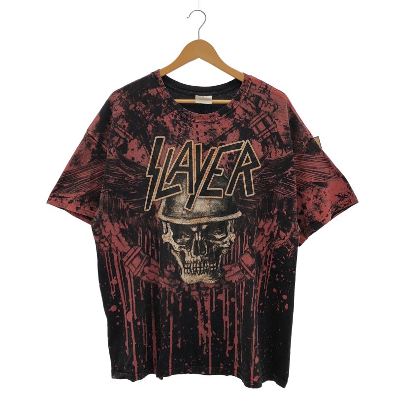 【中古】OLD　Hanes　SLAYER　オーバープリントTシャツ　２XL　黒赤ダイダイ染め[79]