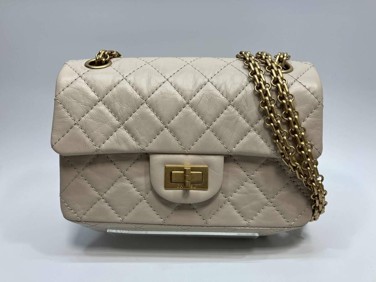 CHANEL シャネル 2.55 ミニフラップバッグ チェーンショルダー Wフラップ キルティング マトラッセ エイジドカーフスキン ベージュ系