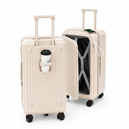 ★新品★[AORTD] スーツケース フロントオープン 多機能 キャリーケース 軽量 拡張機能付き カップホルダー・USBポート・サイドフック・TSAロック搭載 静音ダブルキャスター 大容量 旅行 ビジネス 出張 修学 (あんず, Lサイズ/7泊?長期旅行)