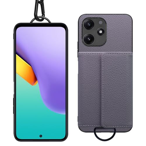LOOF WALLET-SHELL 本革 ウォレット付き スマホショルダー スマホケース for Xiaomi Redmi 12 5G 用 ケース カバー ショルダー 背面収納 ウォレット 財布 キャッシュレス 首掛け 肩掛け ネックストラップ付 [グレージe