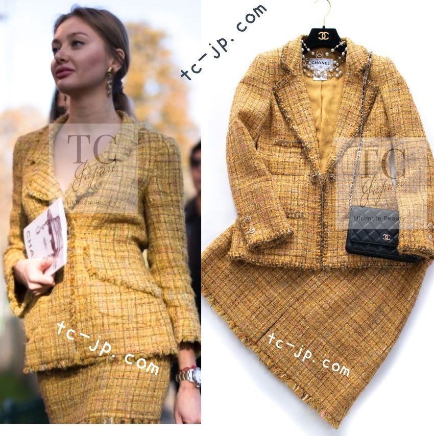 シャネル ジャケット スーツ CHANEL 美人見え イエロー ゴールド スワロフスキー ウール コットン ツイード スカート 貴重 レア 超美品 38
