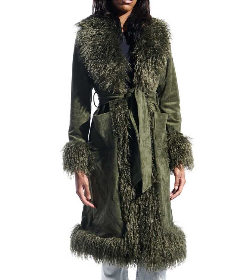 アザレア ワン レディース アウター コート Azalea Wang Gilda Olive Faux Sherpa Collared Belted Oversize Trench Coat Dark