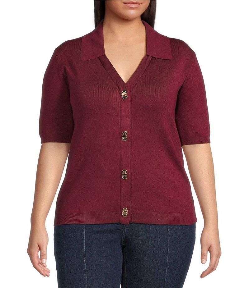 スカイズアブルー レディース アウター ニット・セーター プラスサイズ カーディガン ニット Skies Are Blue Plus Size Short Sleeve Knit Cardigan B
