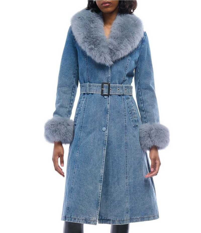 アザレア ワン レディース アウター コート デニム Azalea Wang Kaya Denim Faux Fur Collared Trench Coat Blue ブルー