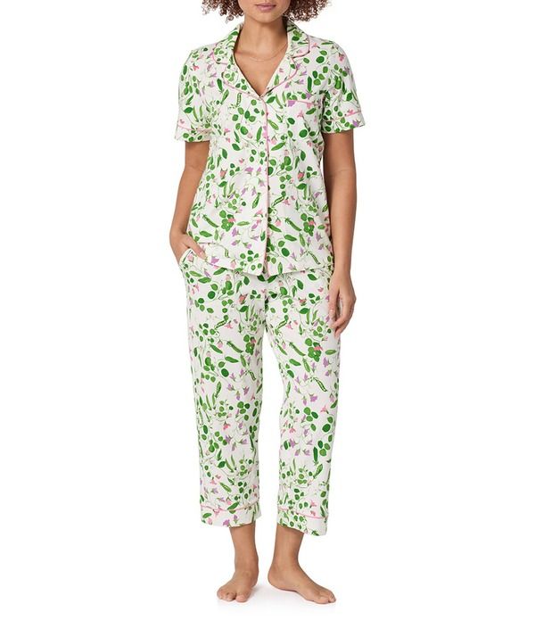 ベッドヘッド レディース アンダーウェア ナイトウェア プリント コットン クロップド ニット BedHead Peas In A Pod Print Short Sleeve Notch Colla
