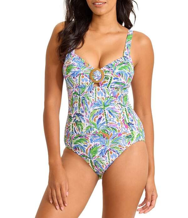 トッミーバハマ レディース トップス ワンピース Tommy Bahama Poolside Palms Molded Cup Tank One Piece Swimsuit Four Leaf Cl