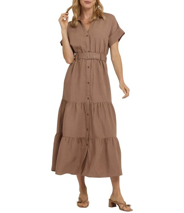 エヌワイディージェイ レディース トップス ワンピース ティアード シャツ リネン マキシ NYDJ Linen Spread Collar Short Sleeve Belted Tiered Ma 29,120円