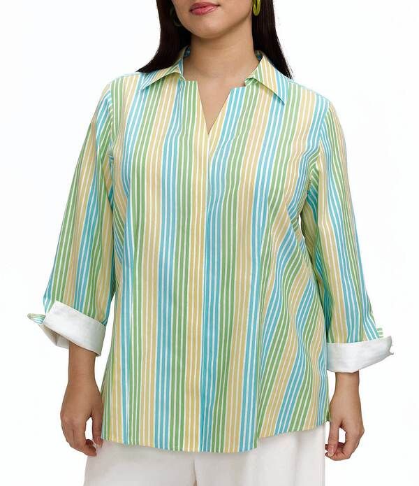 フォックスクラフト レディース トップス シャツ プラスサイズ Foxcroft Plusize Taylor Ombre Stripe Point Collar 34 Sleeve ButtonFr 20,576円