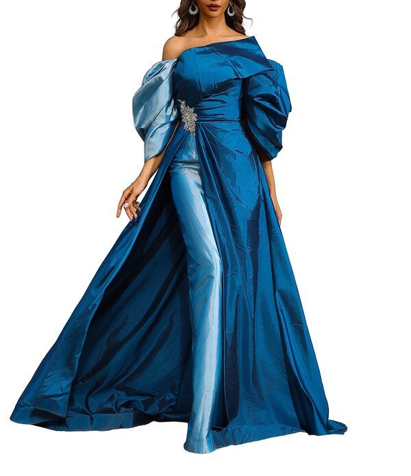 テラニクチュール レディース トップス ワンピース A ライン Terani Couture Taffeta Off The Shoulder ALine Walk Thru Gown Blue De