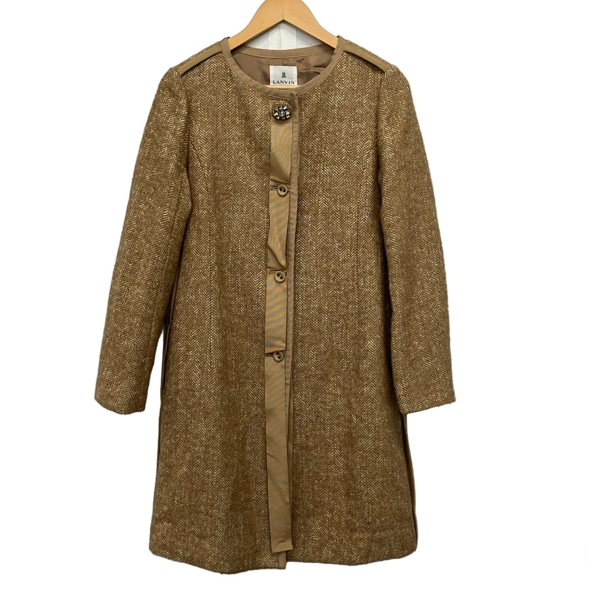 LANVIN en Bleu(ランバンオンブルー) コート サイズ38 M レディース美品 - ベージュ×白×黒 長袖/ラインストーン/秋