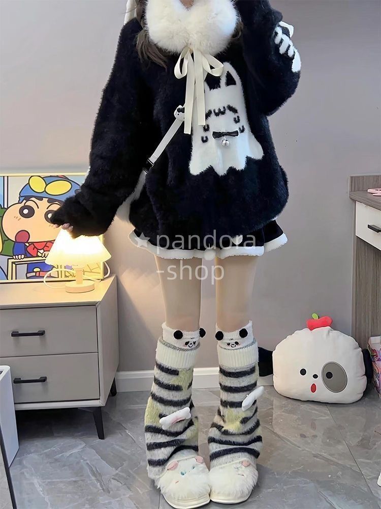 幽霊猫柄 ニットセーター＋ミニスカート セットアップ 冬用 暖かい 姫袖 ブラック／グリーン 地雷系 サブカル