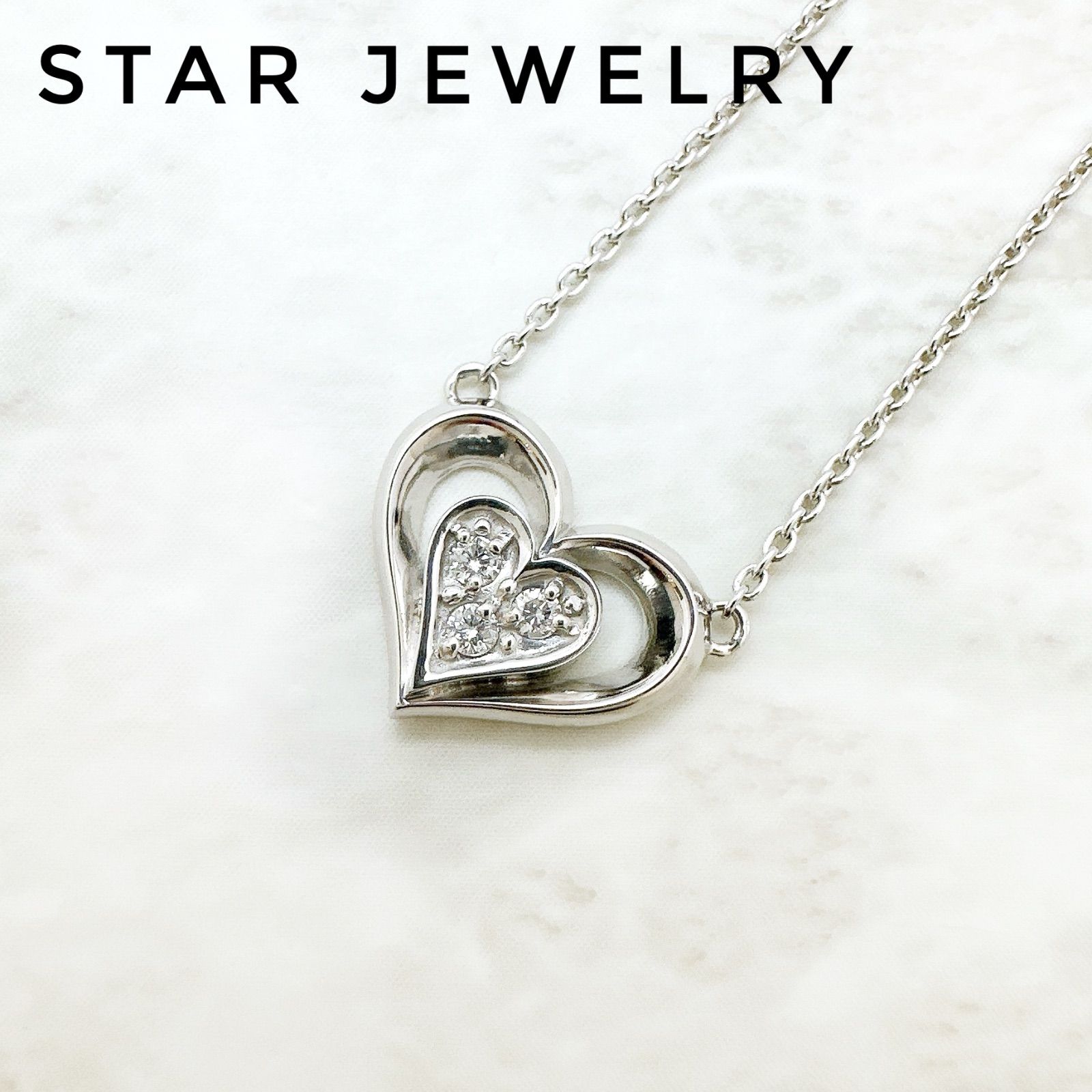 美品?Star jewelry ハート ダイヤモンド 0.04ct ホワイトゴールド ネックレス 約41 ㎝ U