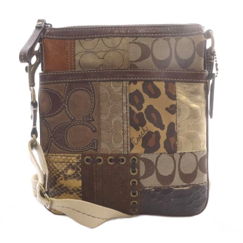 コーチ COACH ショルダーバッグ キャンバス レザー スエード サテン シグネチャー パッチワーク 茶色