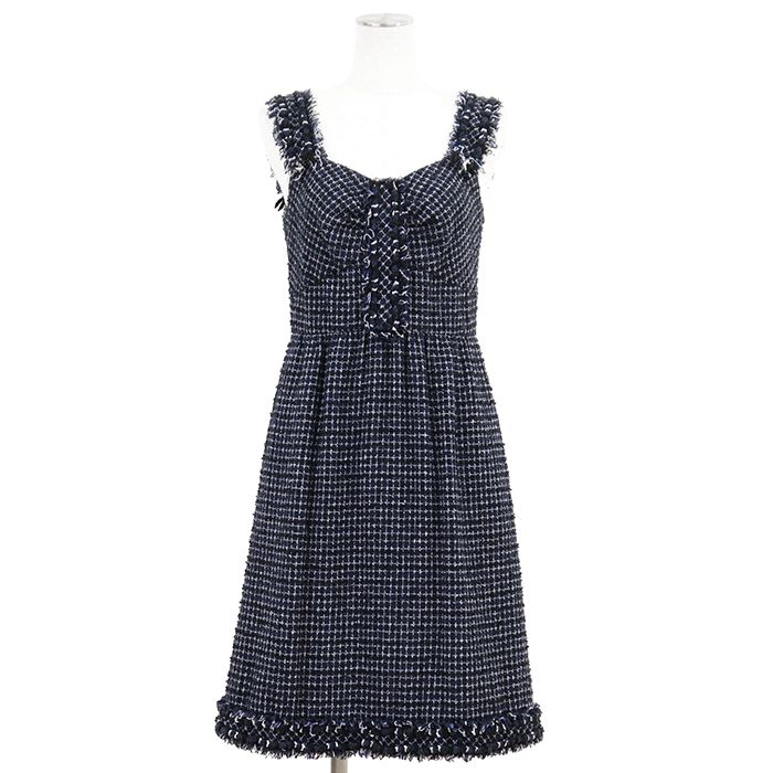 【美品】CHANEL シャネル ワンピース カシミヤブレンド サイズ 38 レディース P37652 COCOマーク ロゴ チャーム ツイード ノースリーブ フリンジ ドレス ネイビー 紺 フランス製 カール・ラガーフェルド期