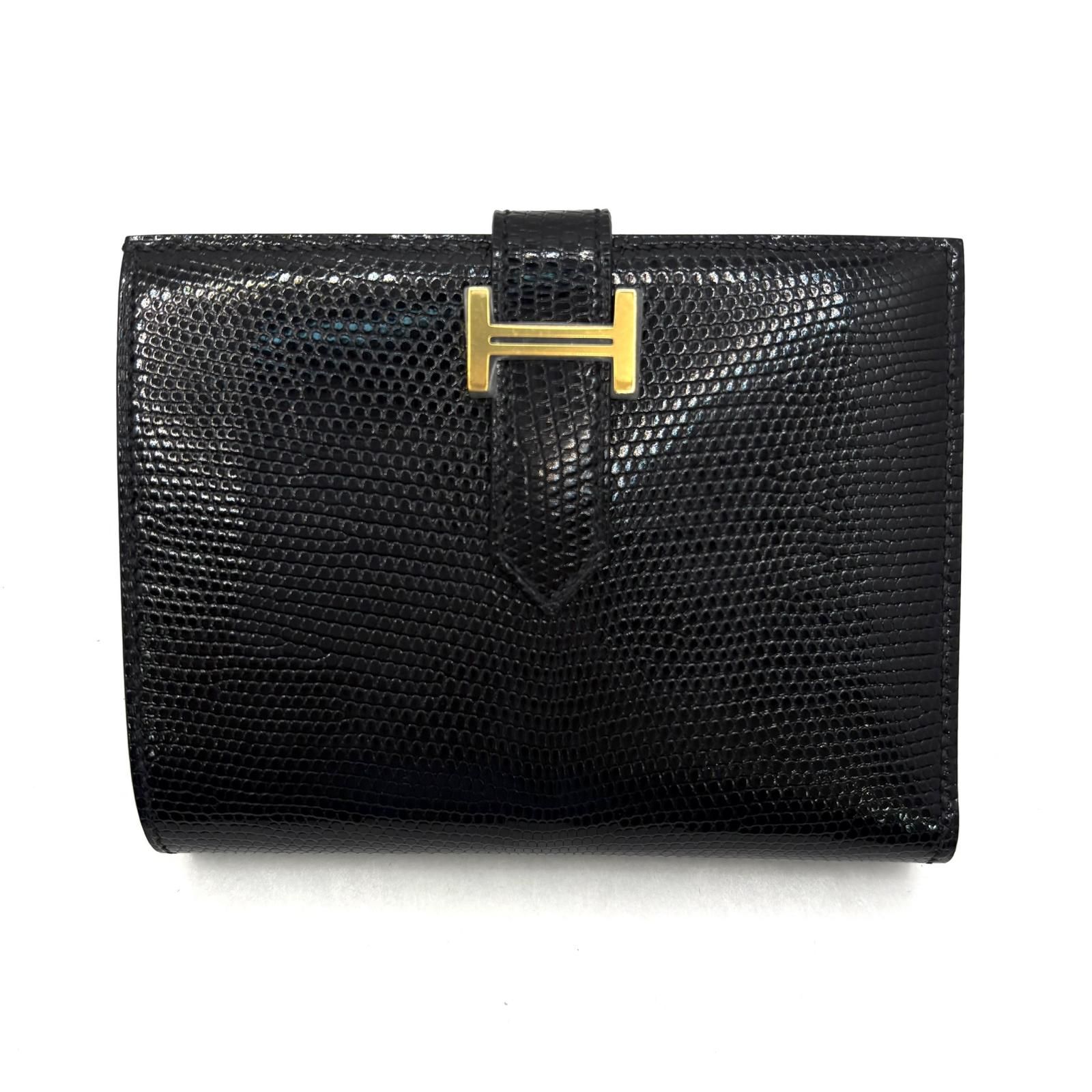 HERMES エルメス ベアン コンパクト ブラック/GP 二つ折り財布 リザード ブラック/GP W刻印 ユニセックス【中古】471