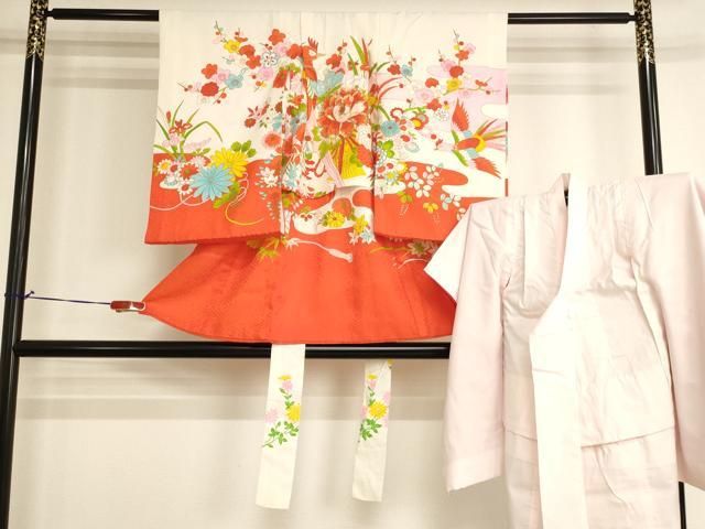 平和屋着物[]七五三　女の子　３歳　祝着　三つ身　長襦袢セット　刺繍　尾長鳥飾花文　金銀糸　金彩　洗える着物　AABK9181ja 14,430円